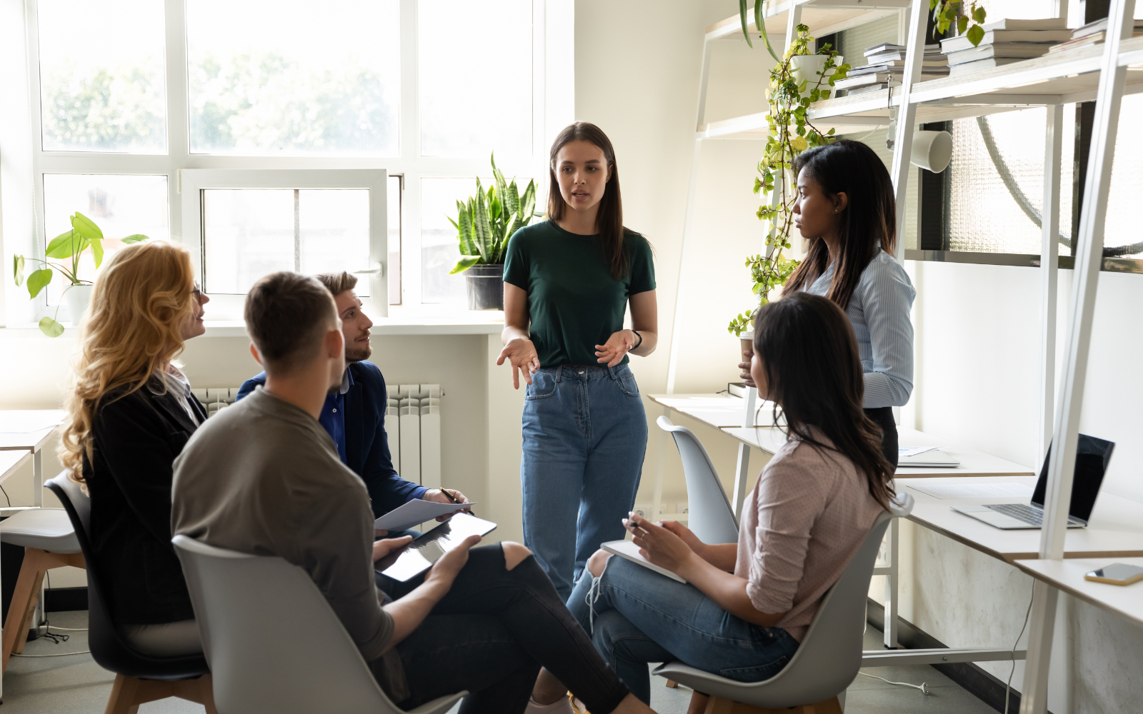 Small workplace team working together